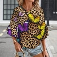 thumbnail image 3 of Leopard Print Vibrant Butterfly Pattern Women's V-Neck Blouse With 3/4 Ruffled Bell Sleeves Casual Top Ladies Blouses, 3 of 7