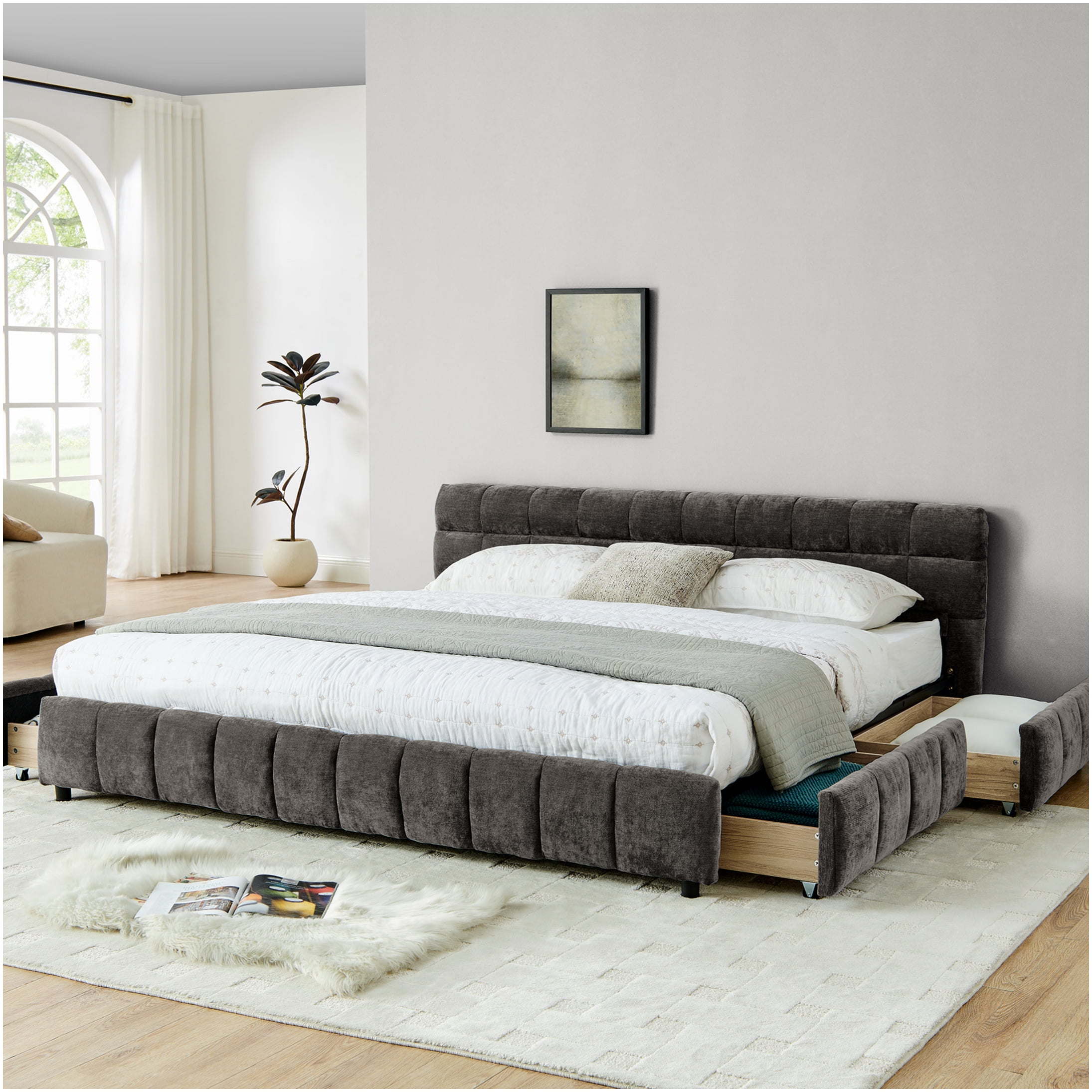 King Size Upholstered Storage Bed Frame with Headboard and Drawers, Modern Platform Bed with Ample Storage Space