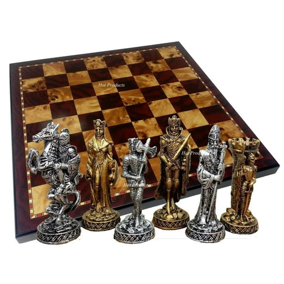 Medieval Times Crusades Pewter METAL CHESS Set 18" Cherry  Burlwood Color Board