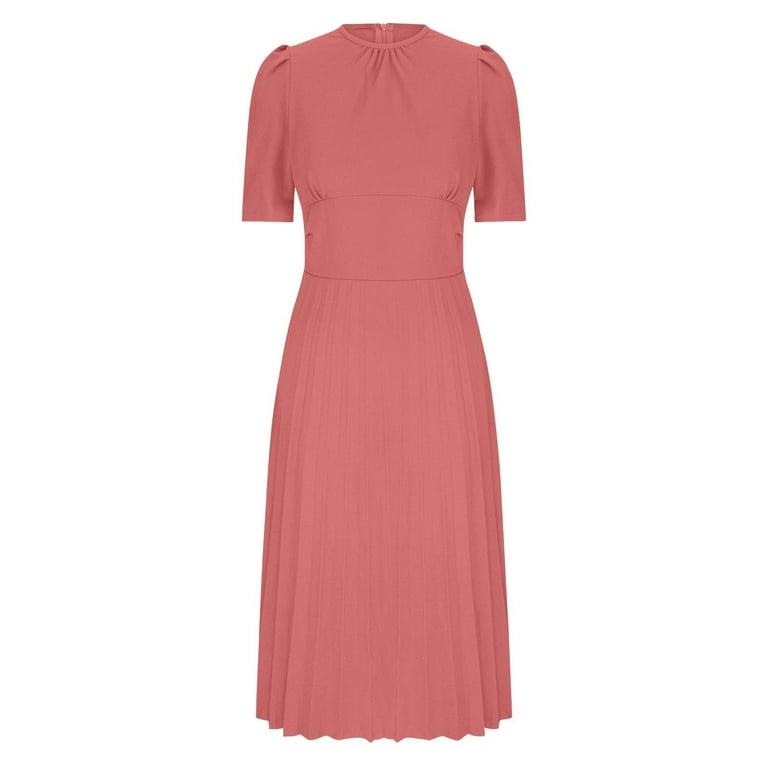 short sleeve easter dress Karymi Easter Dress Solid Elegant Pleated Midi Dress, Round Neck Puff Short Sleeve Defined Waist Fit Cocktail Dress for Party and Pron Summer Dresses