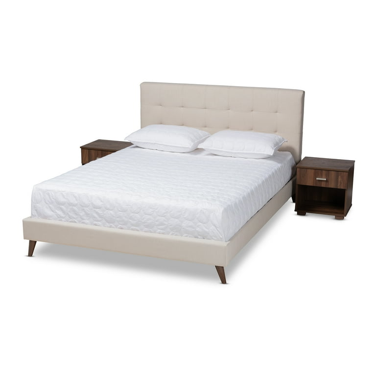 Baxton Studio Maren Mid-Century Modern Beige Fabric Upholstered Queen Size Platform Bed with Two Nightstands Baxton Studio Maren Mid-Century Modern Beige Fabric Upholstered Queen Size Platform Bed with Two Nightstands