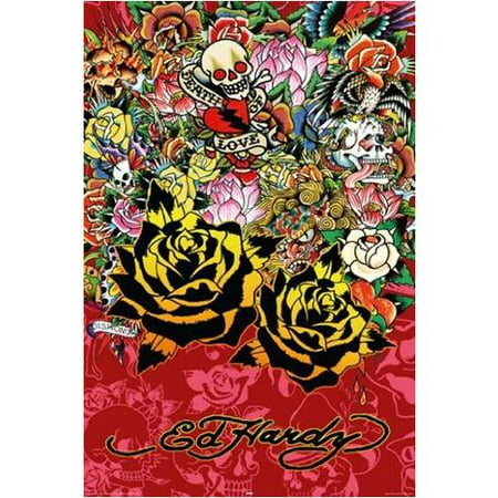 Ed Hardy Black Rose   Death of Love   36x24 Tattoo Art Print Poster Roses and Skulls against Red Hidden