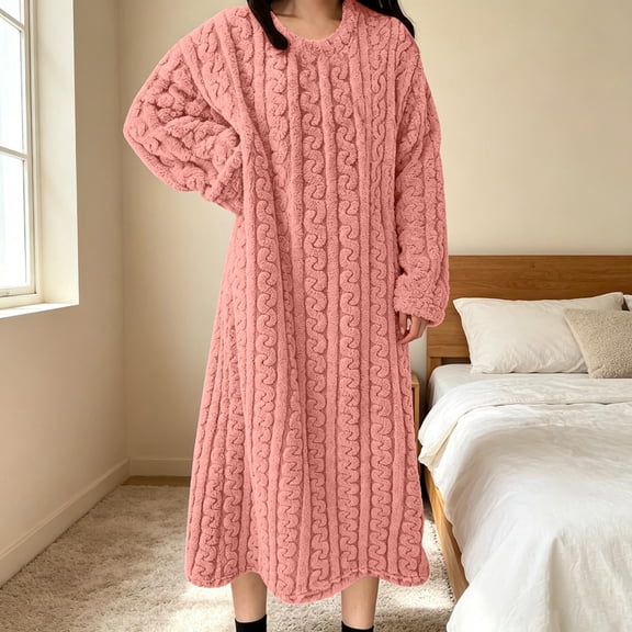 Ohufall Pajamas Dress for Women Warm Winter Fleece Bathrobe Nightgown Loungewear Crew Neck Long Sleep Robe