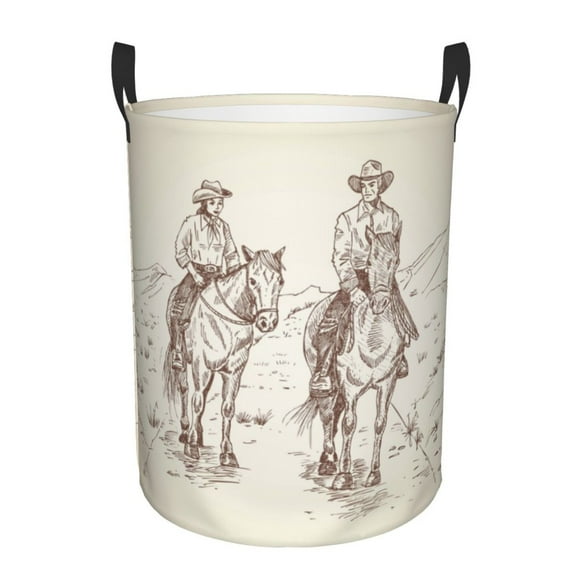 Balery Cowboys Riding Horses In Desert Cesta de ropa redonda con asas, impermeable, independiente, para ropa, juguetes, dormitorio y familia-Small