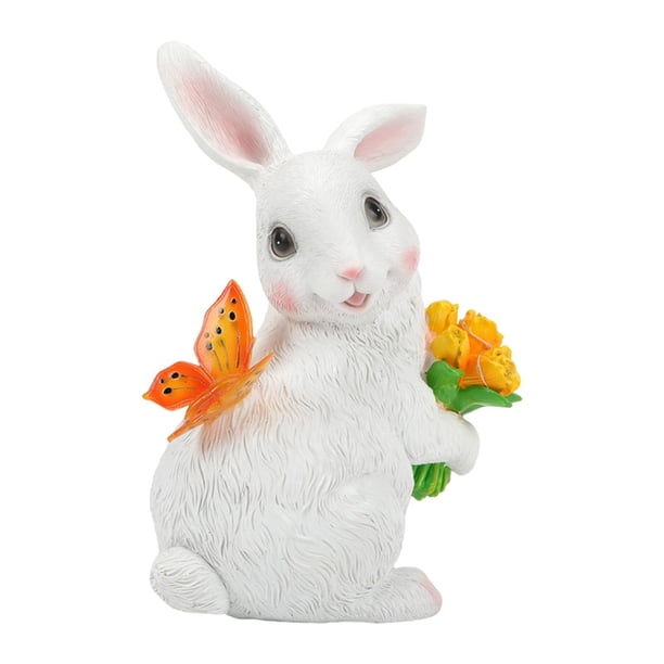 Lámpara de paisaje con mariposa y tulipán de resina con energía solar, figura de conejo Blanco