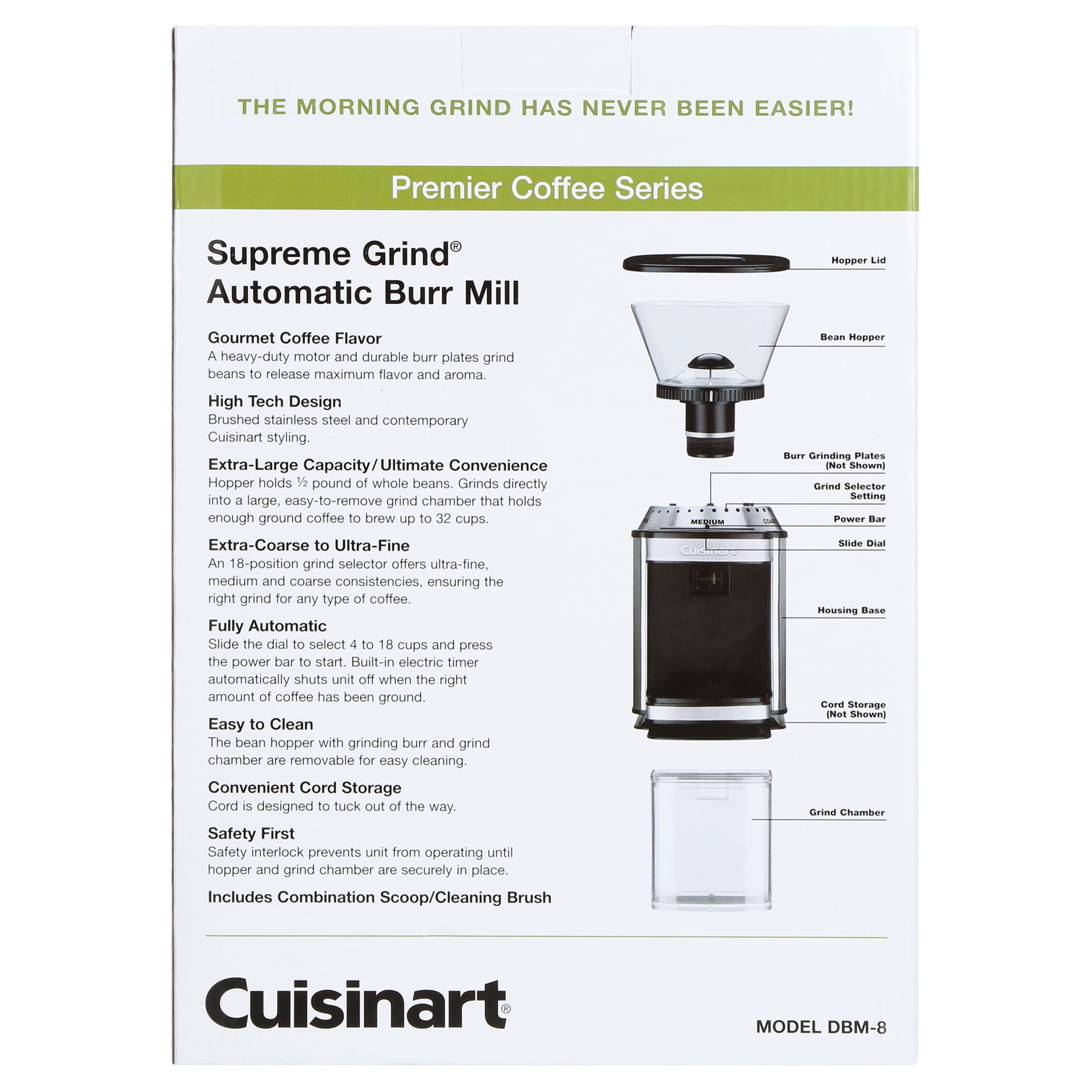 Cuisinart Coffee Grinder, Electric Burr One-Touch Automatic Grinder with18-Position Grind Selector, Stainless Steel, DBM-8P1