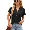 thumbnail image 3 of Camisetas de Mujer Modernas con Cuello en V y Botones, de Corta, Informales, Básicas, Holgadas Negro XXL, 3 of 10
