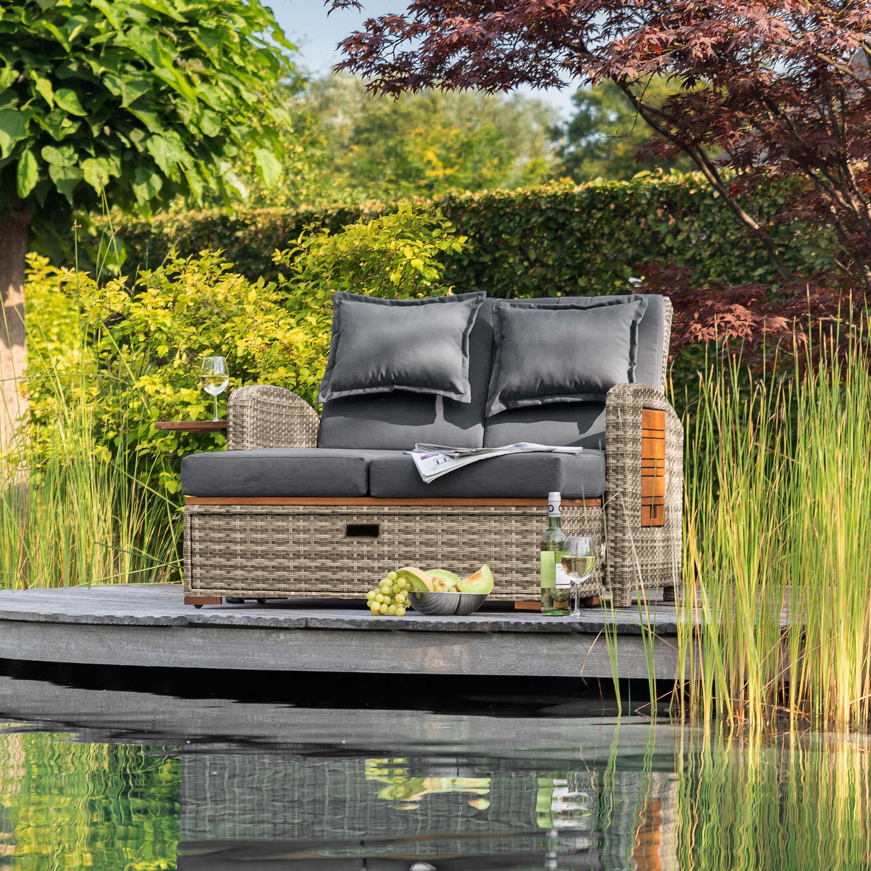 Furniture of America Bahia Faux Wicker Patio Reclining Lounge with Storage Bench, Brown
