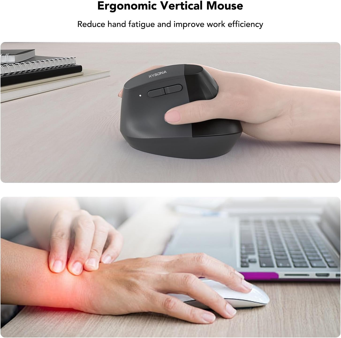 HRTGFD-EM18 Wireless Ergonomic Vertical Mouse, Ergo Design, Bluetooth Cordless Mouse for Medium/Large Hands, Silent Click, 5-Level Adjustable DPI, Carpal Tunnel Mice for Computer/PC/Mac/Laptop, Black