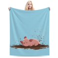 thumbnail image 2 of Funny Muddy Pig Throw Blanket, Playful Pig in Puddle Artwork, Artistic and Cozy Home Decor 80x60, 2 of 6