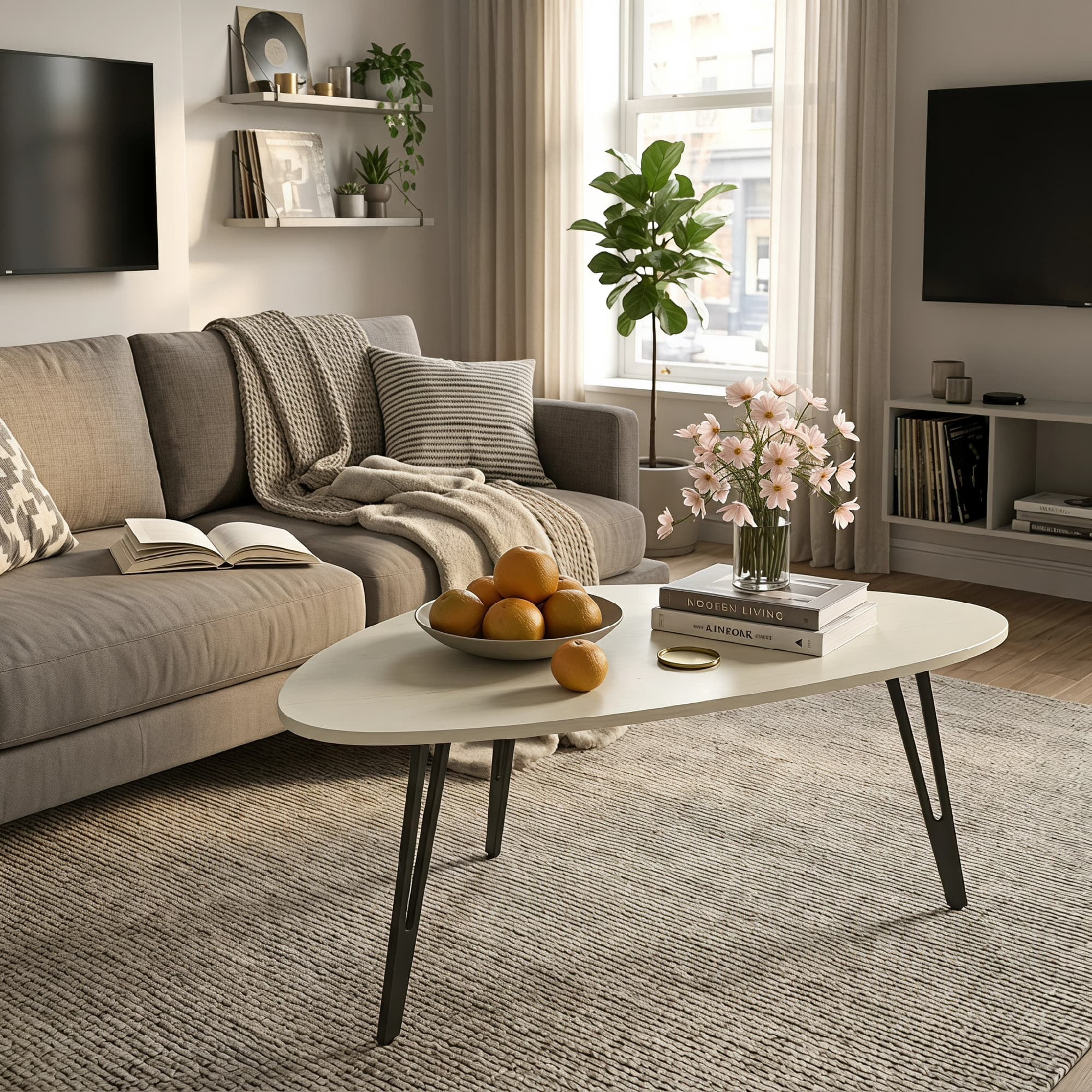 Manxile Modern White Coffee Table for Small Spaces, Triangle Coffee Table for Living Room,Home Office, Rustic White