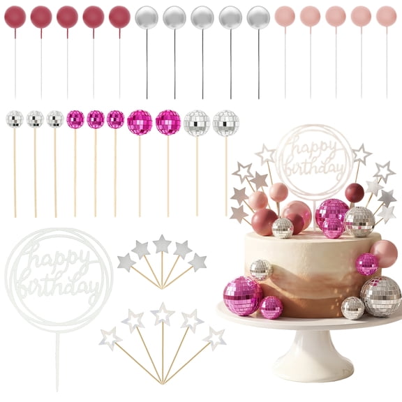 38Pcs Disco Ball Cake Decoration Set with Happy Birthday Cake Topper for Themed Party Gathering Anniversary Cupcake Decoration
