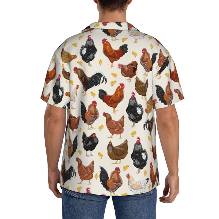 chicken dress shirt Wukai Roosters and Chickens Men's Casual Short-Sleeve Button Down Shirt -  Lightweight Summer Dress Shirt for Daily Wear-4X-Large