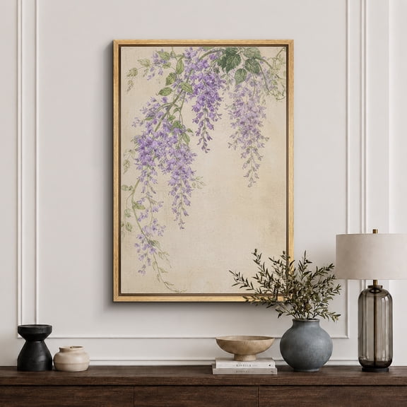 Framed Canvas Print Purple Wisteria Floral Wall Art Botanical Decorative for Living Room Bedroom - 16"x24" NATURAL Frame