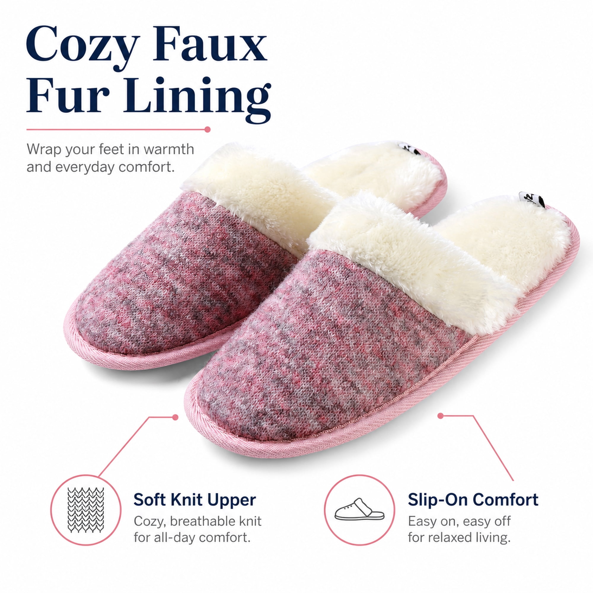 Women’s Warm Knit House Slippers with Faux Fur Lining and Non-Slip Rubber Sole, Indoor Outdoor