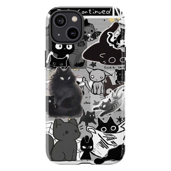 Adorable Black Cat Art Phone Case, Stylized Kitten Collage Design iPhone Cover, Durable Protective Case for iPhone 17 16 15 14 13 12 11 Plus Pro Max Mini