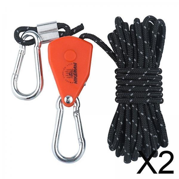 2x Polea Trinquete Colgador De Cuerda Tensor De Cuerda De Viento Reflectante Para Acampar Senderismo 4mm 4m Negro