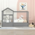 thumbnail image 2 of Twin House Bed, Wood Montessori Floor Bed with Drawer, Low Canopy Platform Bed Frame with Roof and Window, Playhouse & Space-Saving Design House Bed Frame with Slat for Kids Teens Boys Girls, Gray, 2 of 9