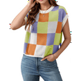 thumbnail image 2 of Womens Summer Crew Neck Cap Sleeve Crop Color Block Knit Short Sleeve Sweater Taro L, 2 of 7