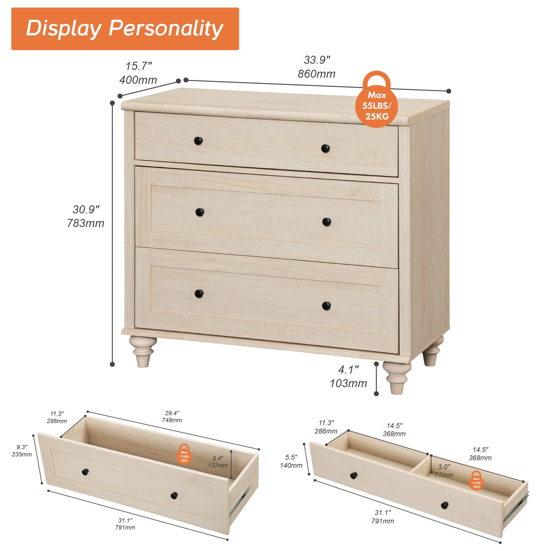 Farmhouse 3-Drawer Nightstand, Large Wooden Bedside Table, Wide Sofa Side End Table with 3 Drawers, Chest of Drawers for Living Room and Bedroom, Beige, 34 Inches