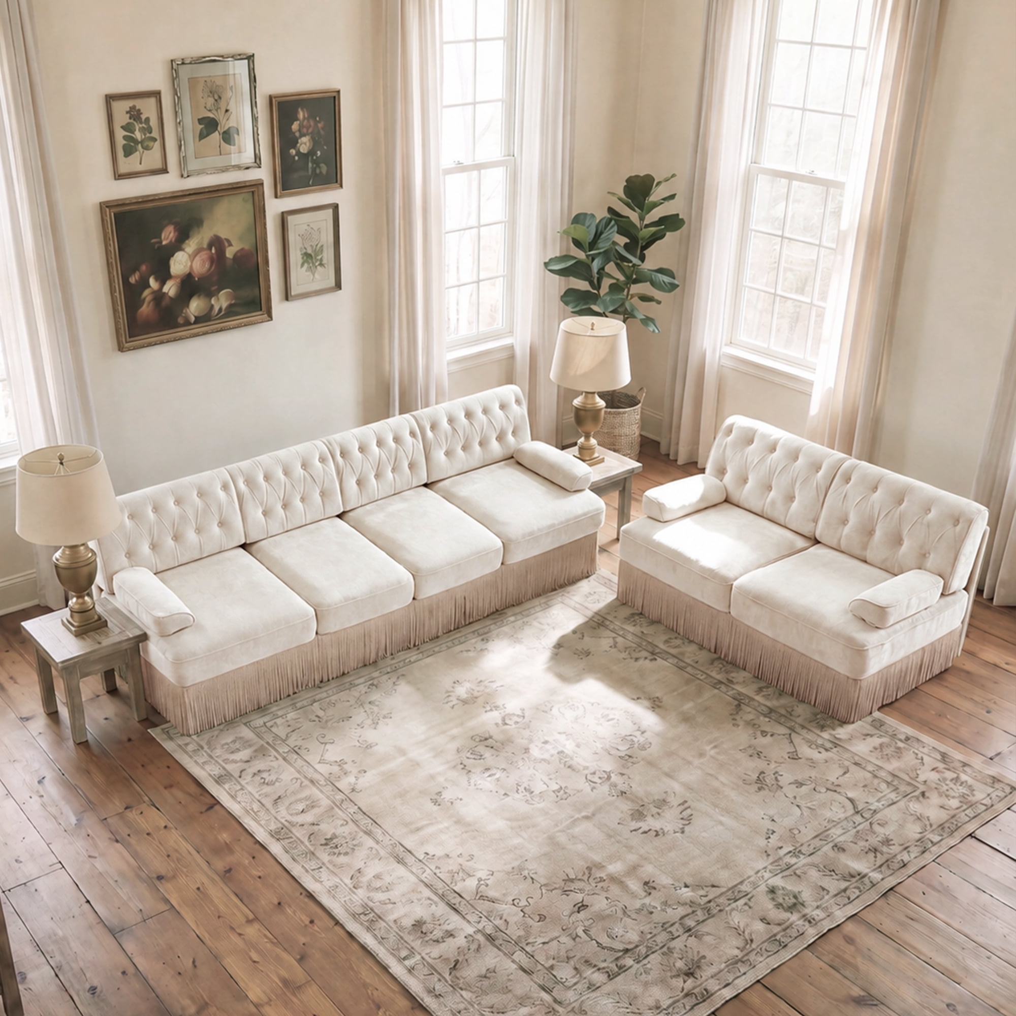 2‑Piece Sectional Sofa Set, 1 Pcs Loveseat & 1 Pcs 135" 4‑Seater Sofa Couch Set with Tassel Skirt