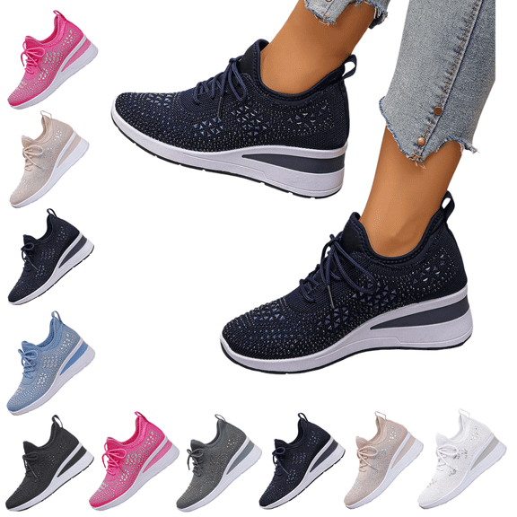EKVAHL Women's Mesh Rhinestone Breathable Wedge Sneakers Lightweight Casual Lace up Elastic Sock Sneakers Bling Sparkly Wedding Dressy Knitted Tennis Walking Shoes Dark Blue