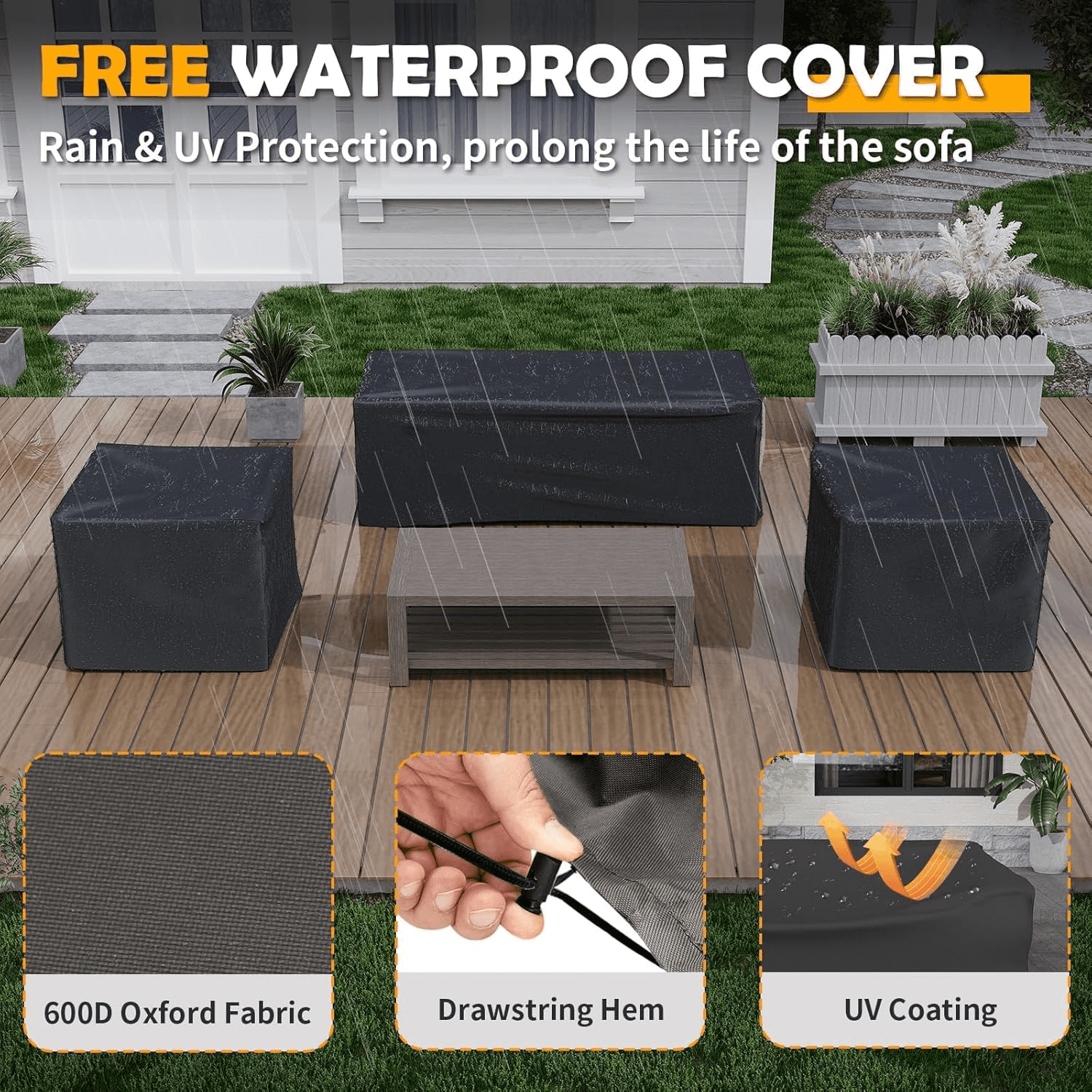 ELPOSUN Aluminum Outdoor Patio Furniture Set,6-Pieces Modern Metal Outdoor Furniture, Faux Wood Grain Finish Frame Patio Conversation Sofa Sets with 6"Thick Cushion for Porch,Backyard,Deck,Gray