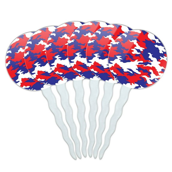 Camouflage Print Red White Blue Cupcake Picks Toppers - Set of 6