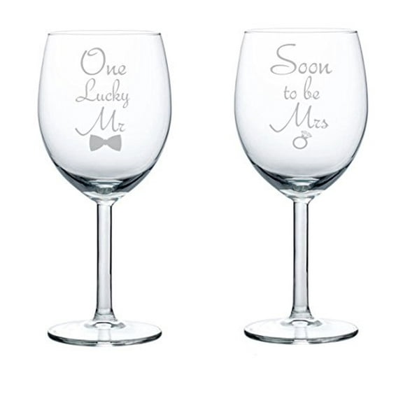 Set of 2 Wine Glasses Wedding Engagement Soon to be Mrs. One Lucky Mr. (10 oz)