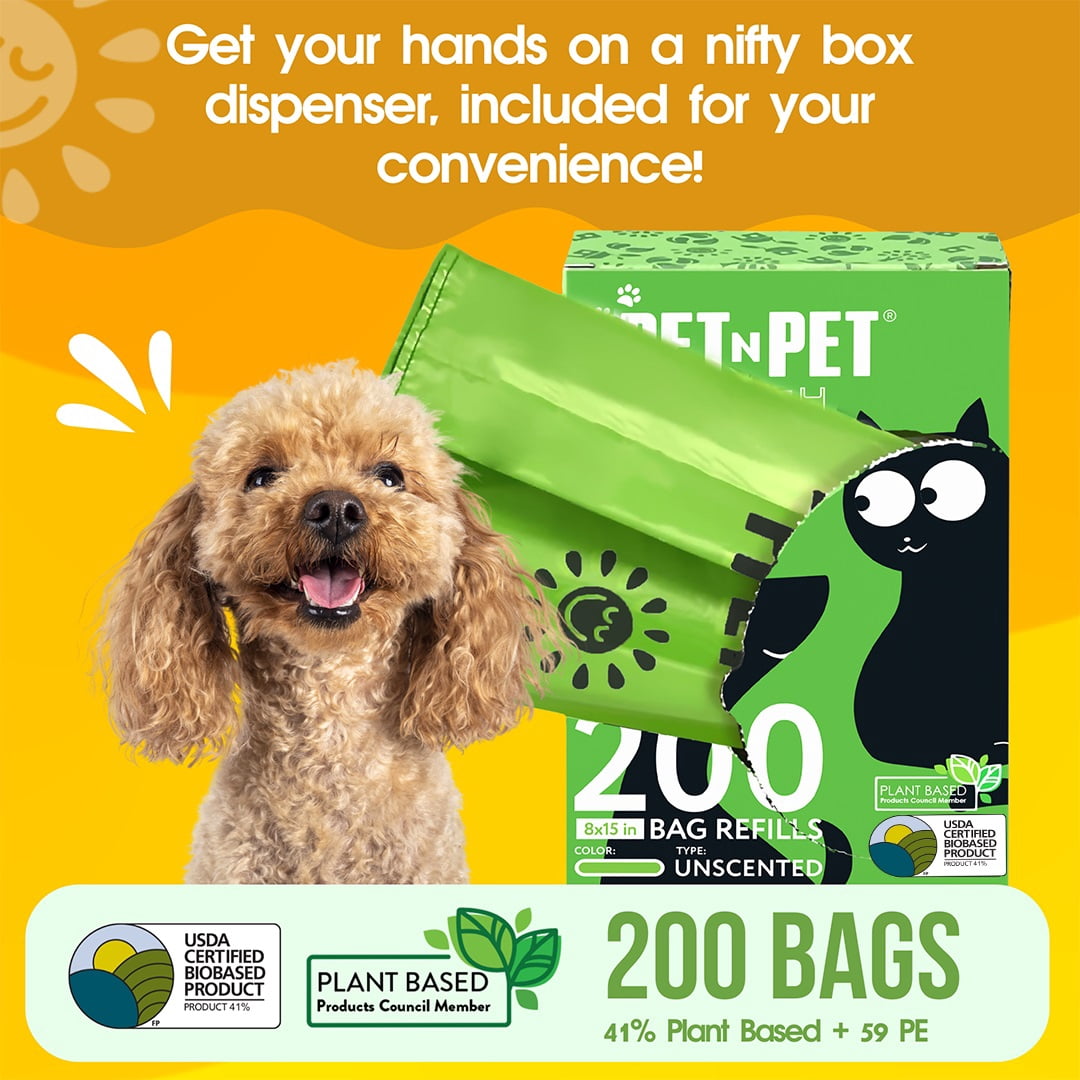 PET N PET Dog Poop Bags with Tie Handles, 200 Count, Unscented, USDA Certified 41% Plant-Based, Leak-Proof Dog Waste Bags, 8 x 15 Inches