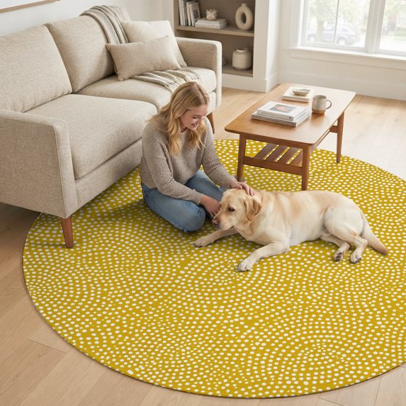 Round Area Rugs 5Ft, Yellow Non-Slip Washable Circle Rugs Carpet, Farmhouse Funny Minimalist Geometric Dots Indoor Outdoor Rug Floor Mats Throw Runner for Bedroom Living Room Bathroom