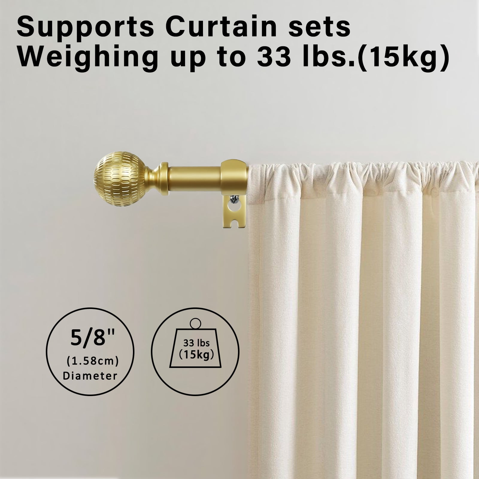 Ridicili 5/8" Single Telescoping Curtain Rod with Reticulated Ball Finials,Gold, 28"-48"