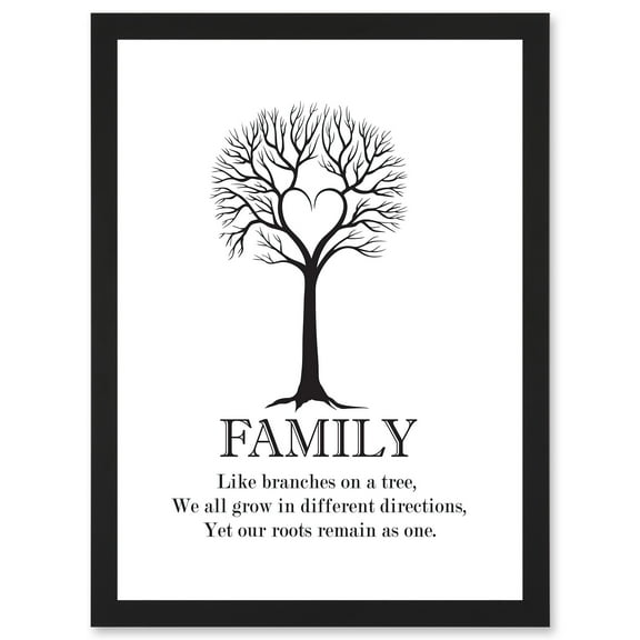 Family Roots Quote Motivation Typography B&W Heart Tree A4 Artwork Framed Wall Art Print