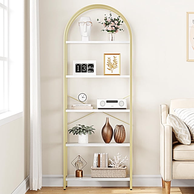 Kojooin Bookshelf 5 Tier Bookcase Arched Display Racks Tall Standing Bookshelves Metal Frame Modern Storage Rack Shelf Large Wood Book Shelf for Bedroom, Living Room, Home Office
