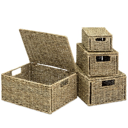 Best Choice Products Woven Seagrass Multi-Purpose Storage Box Baskets for Home Decor, Organization with Lids, Set of 4, (Best Worm Bin Reviews)