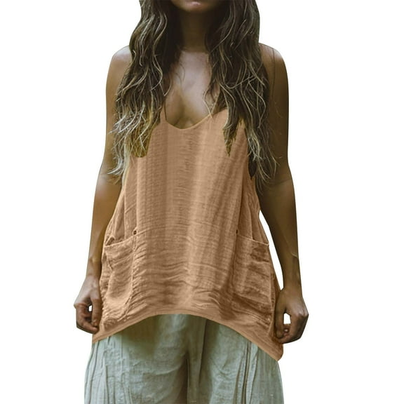 Womens Cotton Linen Tank Tops, Sleeveless Shirts for Women Summer Lightweight Casual Solid Color Crewneck Dressy Blouses with Pockets