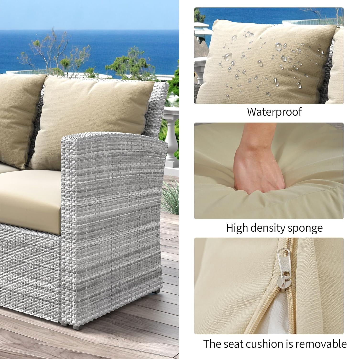 4 Pieces Patio Conversation Set, Outdoor Furniture Set with Cushion, Outside Sectional Rattan Wicker Sofa  Furniture Set for Garden, Porch, Backyard, Khaki