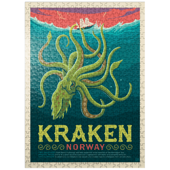 MyPuzzle - Mythical Creatures: Kraken (Norway), Vintage Poster - Premium 500 Piece Jigsaw Puzzle for Adults