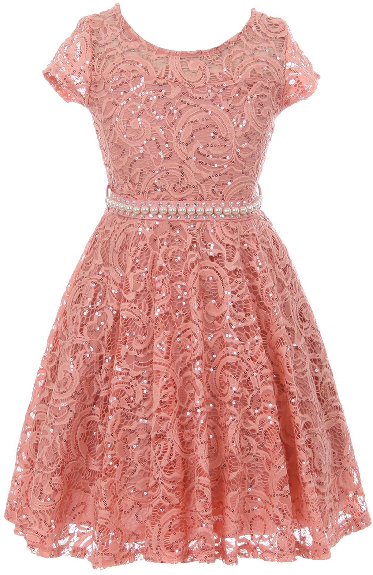 Little Girl Cap Sleeve Floral Lace Glitter Pearl Holiday Party Flower