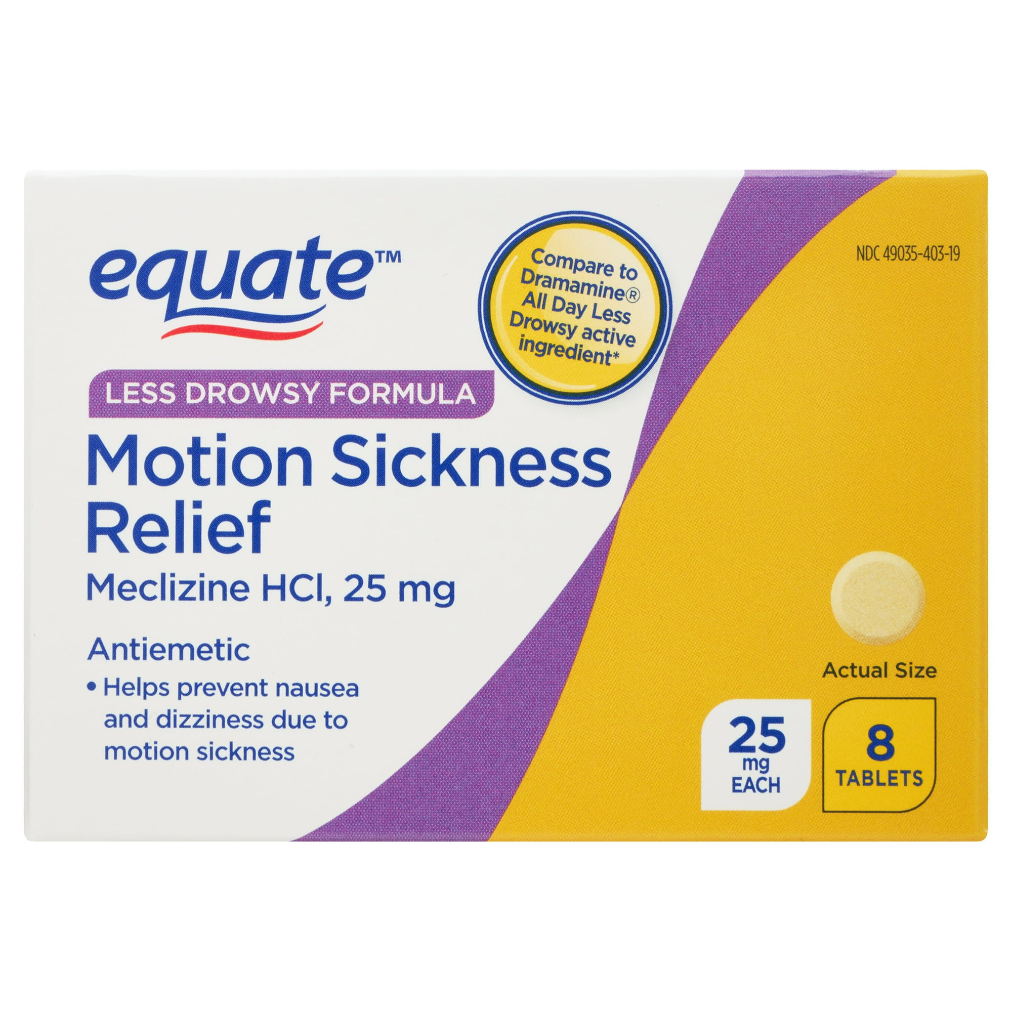 Equate Less Drowsy Formula Motion Sickness Relief Meclizine HCI Tablets, 25mg, 8 Count, Compare to Dramamine® All Day Less Drowsy Active Ingredients
