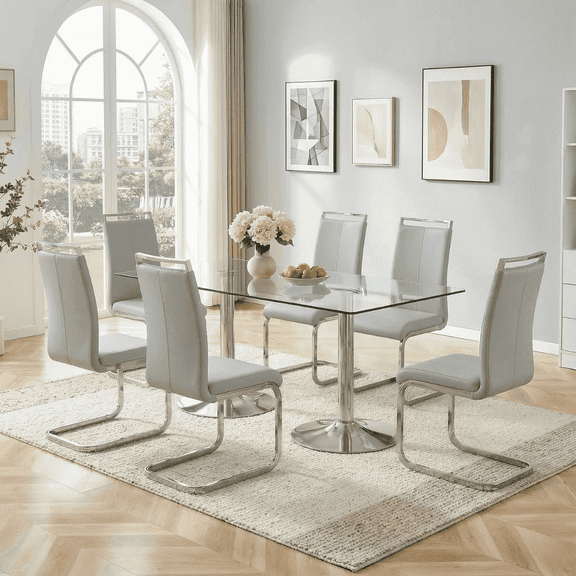 Hi loPres 7-Piece Dining Set, 71" Tempered Glass Table with Silver Metal Pedestal Base and 6 Light Gray PU Leather Chairs with Silver Legs for Dining Room