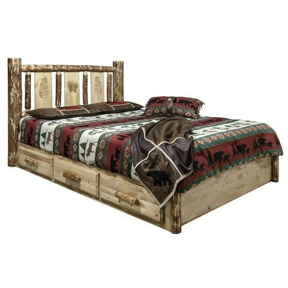 Montana Woodworks MWGCSBPTLZPINE Glacier Country Platform Bed with Storage & Laser Engraved Pine Design - Twin Size