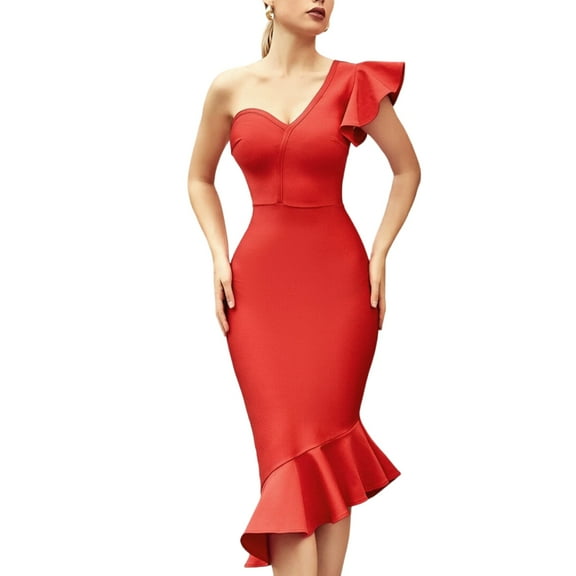 Women's Packaged Hip V-Neck Flounce Ruffle One Shoulder Celebrity Trumpet Bandage Dress Red S
