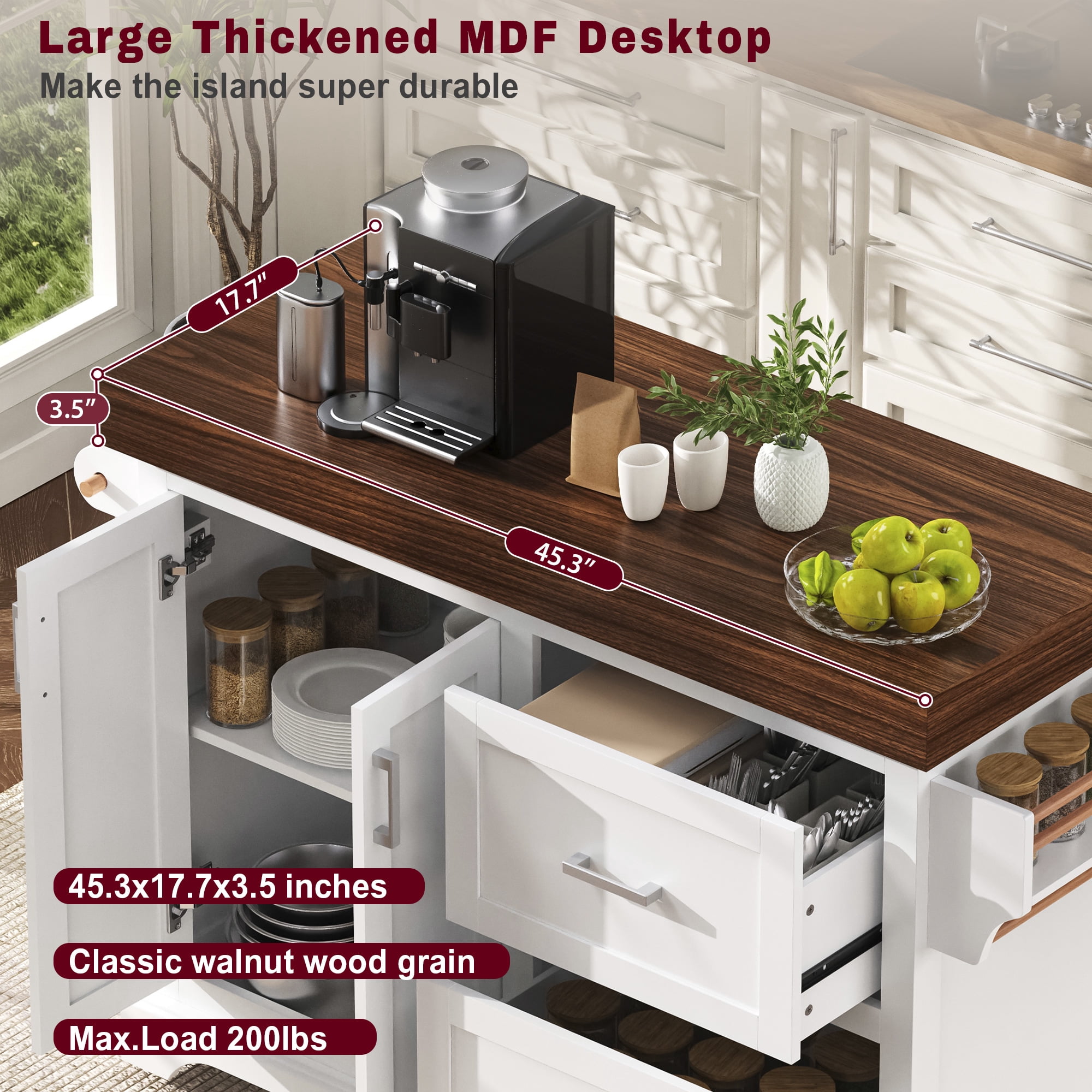 Alvantor Large Kitchen Island with Drop Leaf, 53" W Rolling Kitchen Cart with 3.5" Thick Desktop for Dining Room White