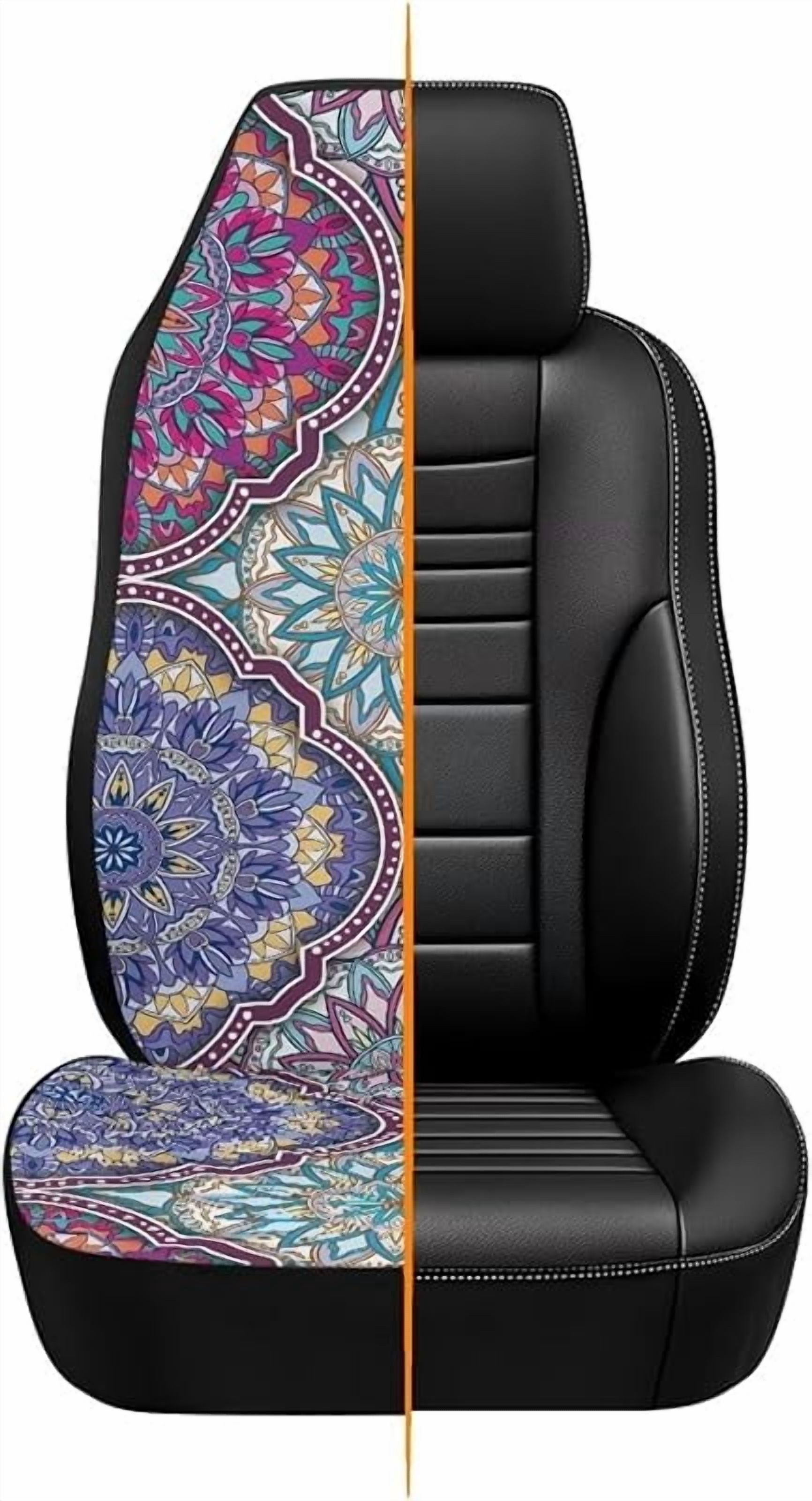 Waterproof Car Front Seat Cover Set Boho Mandala Floral Pattern Driver Seat Cover Comfort Front Bucket Seat Cover,Auto Interior Decoration,2 Pack,Airbag Compatible
