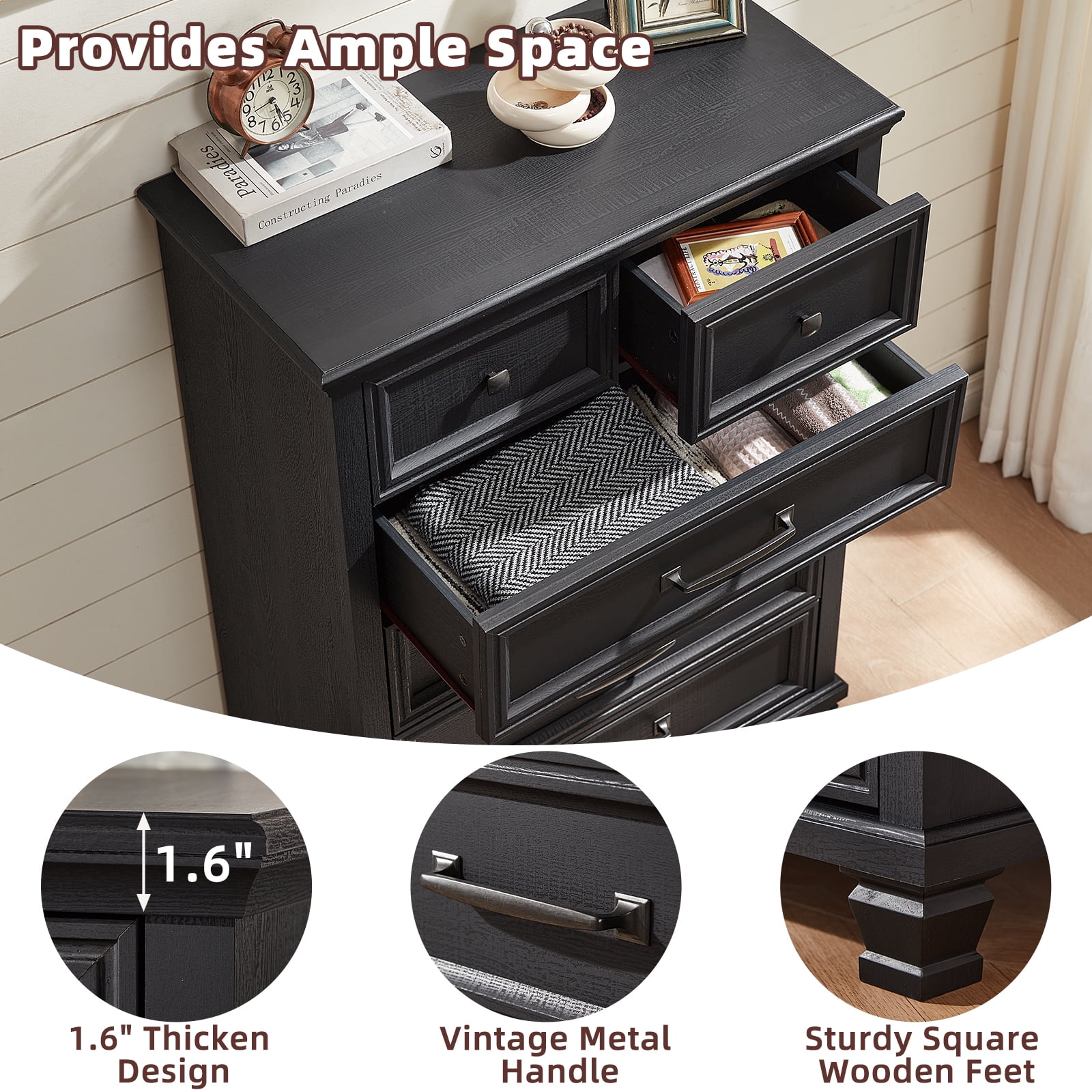 LELELINKY 6 Drawer Vertical Dresser for Bedroom, Modern Chest of Drawers Wood Storage Cabinet for Living Room, Black