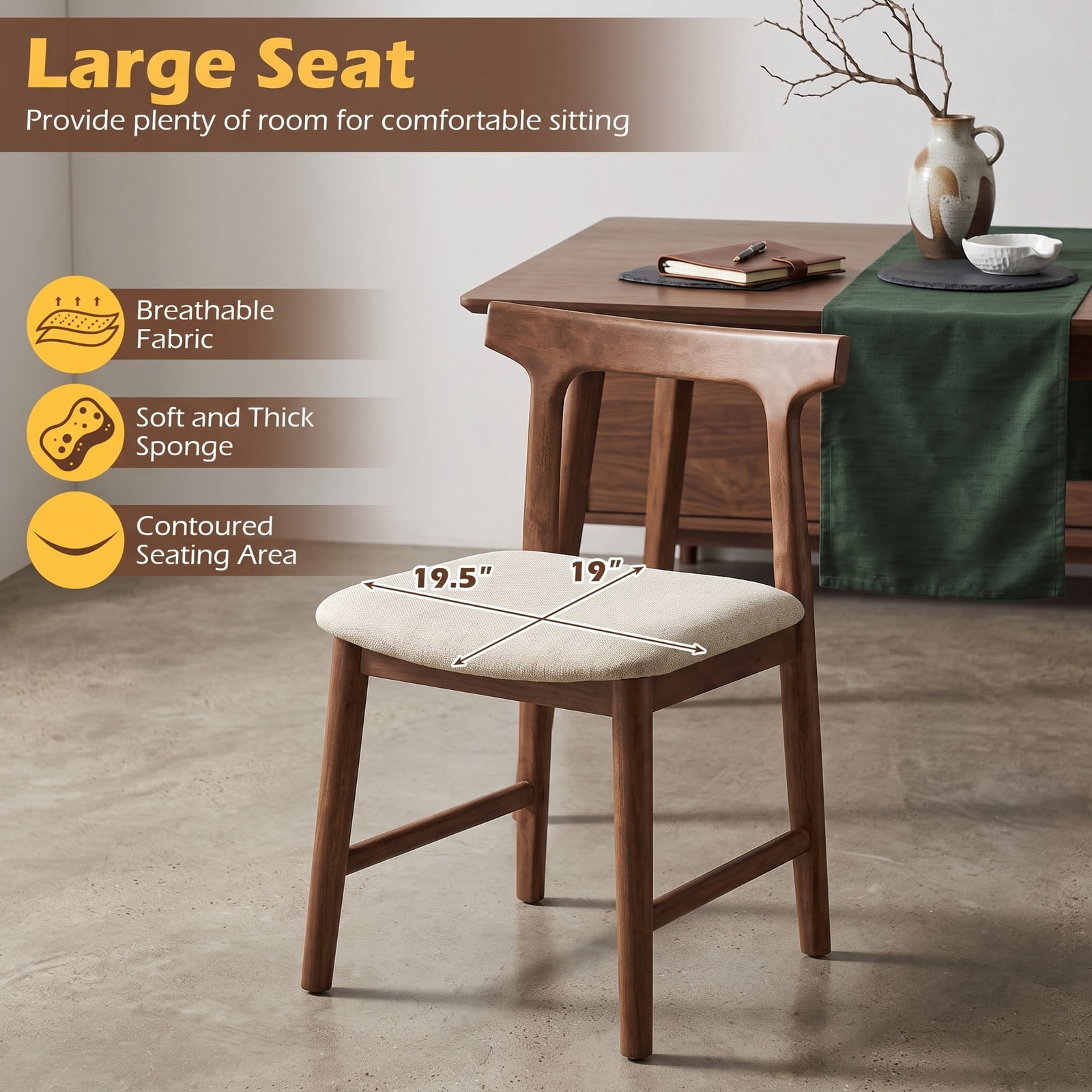 Furnibear Counter Height Bar Stools Set of 2, 24 Inch Solid Rubber Wood Kitchen Island Chairs with Curved Backrest, Upholstered Padded Seat and Built-in, Walnut