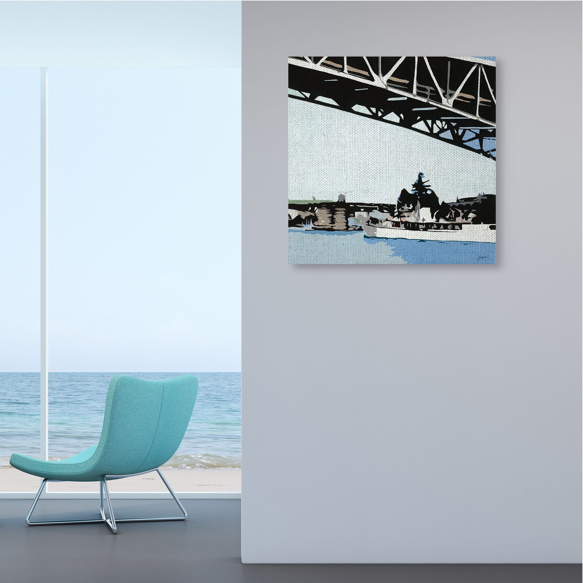 Stupell Industries Ship Passing Under Bridge Soft Edge Abstraction Nature Painting Gallery Wrapped Canvas Art Print Wall Art, 36 x 36