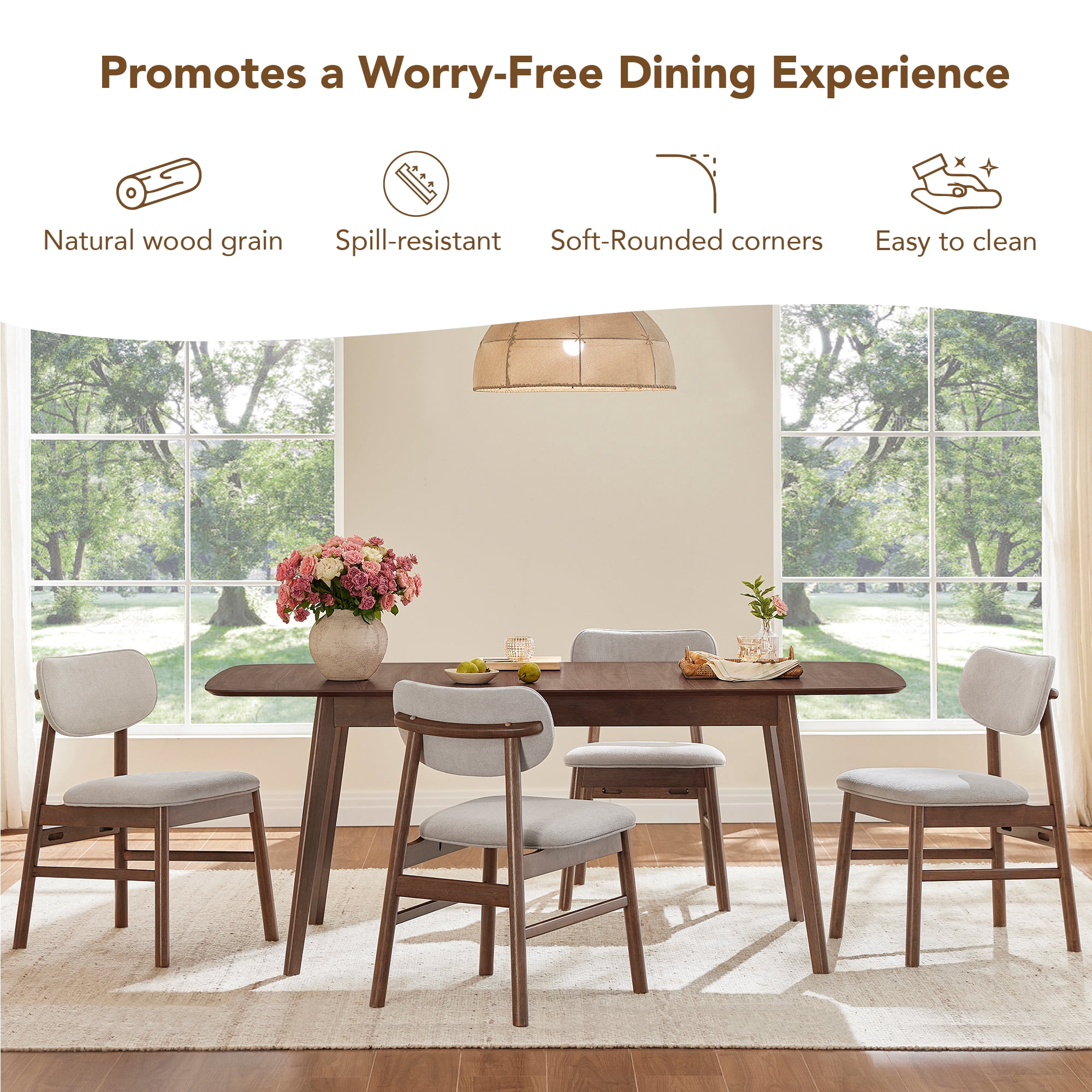 Spruce & Spring Modern Extendable Dining Table Set with Solid Rubberwood Tapered Legs, Scratch-Resistant Walnut/Oak Veneer Space-Saving Kitchen Table with Child-Safe Rounded Corners,Walnut