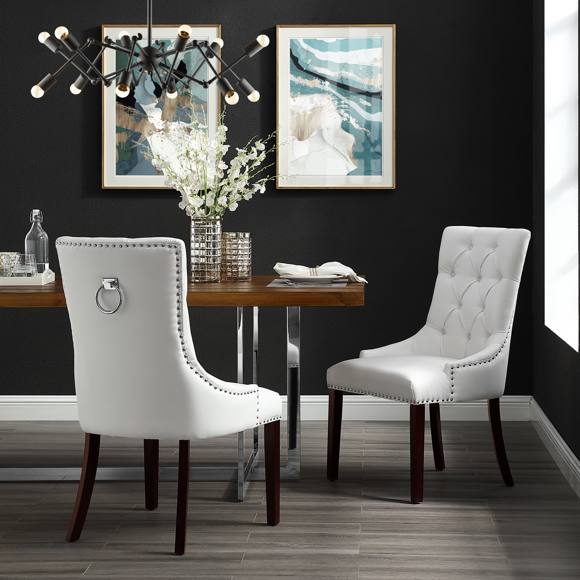 Inspired Home Faith Leather PU Dining Chair Set of 2 Tufted Ring Handle